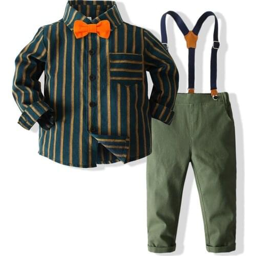 Kimocat Boys Clothes Autumn Fashion Striped Long-Sleeved Shirt + Bow Tie + Suspender Trouser Suit Kid Party Dress 1-6 Years