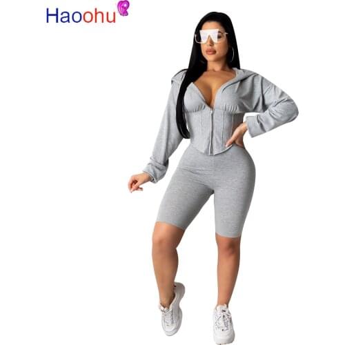 Solid Sporty Two Piece Set Women Clothes Hooded Long Sleeve Zipper Front Slim Jacket and Bodycon Shorts Plus Size Tracksuits