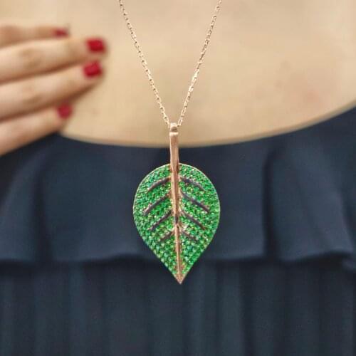 Green Leaf 925 Sterling Silver, Gold, Rose Plated Zircon Necklace For Women Girls Handmade Fashion Jewelry Elegant Minimalist