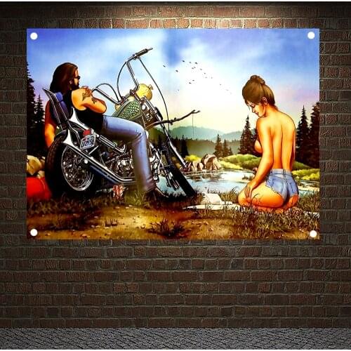 Sexy Art Easy Rider Motorcyclist Poster Flag freedom and humanize Banner Home Decoration Hanging flag 4 Gromments in Corners