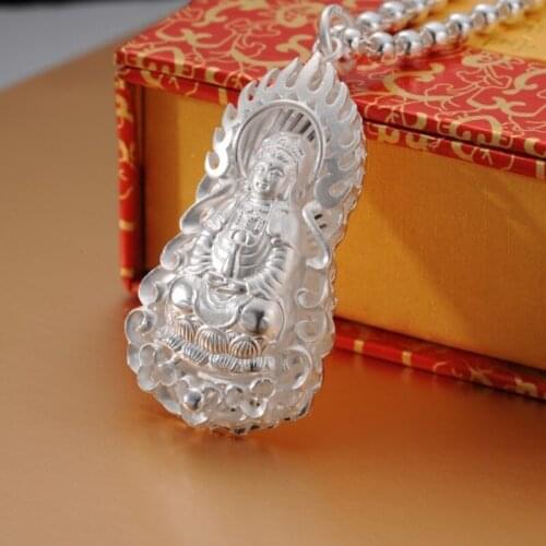 S999 Sterling Silver Pendant Fine Silver Luck Bless Flame Kwan-yin Pendant