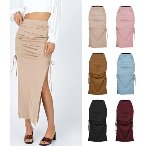 Sexy Ladies Half-Length Beach Dress Slit Knit Slim-Fit Skirt Fashion Pleated Lace-Up Hip Long Women Dress