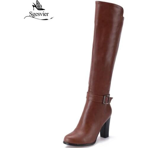 Sgesvier 2018 Fashion Women Boots Zipper Square High Heel Round Toe Platform Knee High Boots Warm Winter Shoes Size 34-43 OX611