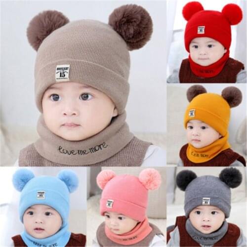 2 Pieces Baby Beanies Cap Set Baby Kid Solid Color Plush Ball Baby Girls Hat And Scarf Set For Newborn Hat