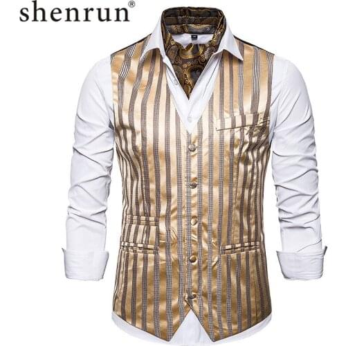 Shenrun Men Fashion Vests Autumn Winter Single Breasted Stripe Print Casual Vest Party Stage Dress Singer Host Costume Waistcoat