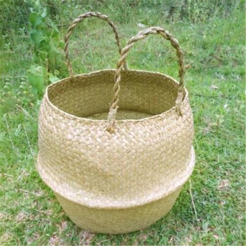 Hot Sale Foldable Natural Seaweed Woven Storage Basket Pot Belly Basket Household Storage Pot Garden Vase Hanging Wicker Basket