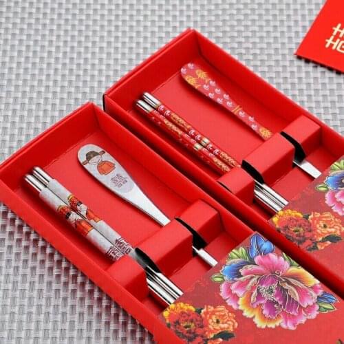 200 pcs/lot Stainless Steel Dinnerware Double Happiness Red Color Spoons Chopstick Sets Wedding Party Gifts For Guest lin4949