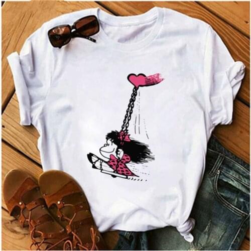 Funny PEACE Mafalda Or I WANT Coffee Cartoon T-shirt Women Graphic Print T-shirt Harajuku Casual T-shirt Ladies Top