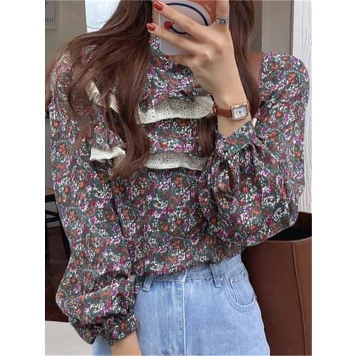 Alien Kitty Vintage Stand Chic Plus Size Femme 2021 Hot Sale Florals Printed Casual Girls Elegant All Match Prom Shirts Tops