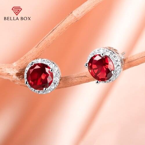 BELLA BOX Classic 925 Sterling Silver Earrings With Round Shape 6*6mm Ruby Gemstones Wedding Fine Jewelry Gift Women Accessories