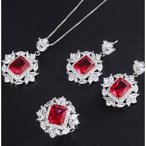 QTT Fine Jewelry Sets For Women 925 Silver Red Cubic Zirconia Adjustable Ring Earrings Necklaces Set Wedding Bridal Jewelry Sets