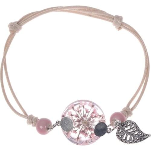 New Boho Vintage Charm Bracelet Handmade Real Dry Flower Glass Ball Weave Adjustable Bracelets Bangle For Women Fashion