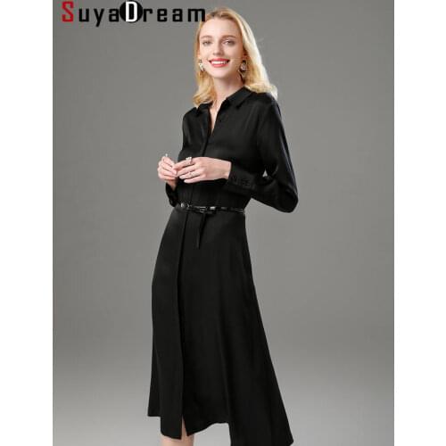 SuyaDream Woman Blouse Shirt Dress 23mm Silk Satin Solid Black Sashes Long Dress 2021 Elegant Office Chic Dresses