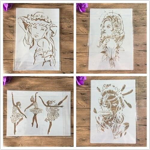 4pcs/set A4 beauty girl Mandala Stencils Painting Coloring Embossing Scrapbook Album Decorative Template cake stencil