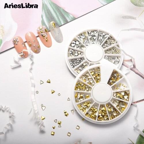 AriesLibra Gold Rivet 490pcs/pack 12 Styles Rhinestone Decoration Nail Beads 3D Nail Rhinestones for Nail Accessories in wheel