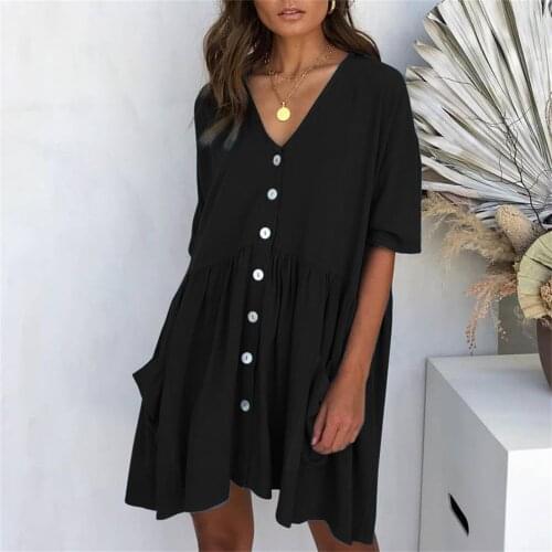 Elegant Button Shirt Dresses Womens Soild Color Plus Size Casual Sundress Half Sleeve Pocket Office Mini Dress Платье Осень