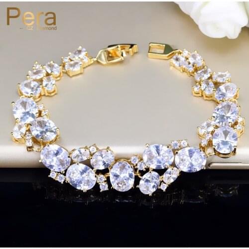 Pera Elegant Yellow Gold Color Bridal Bangle Wedding Jewelry Accessories Big Oval Shape Cubic Zirconia Bracelet For Brides B125