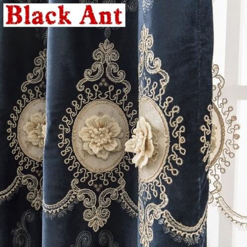 European Luxury Embroidered Curtains 3D Embossed Design Dark Blue Blackout Window Drapes Decor Bedroom Villa Elegant Tulle X757
