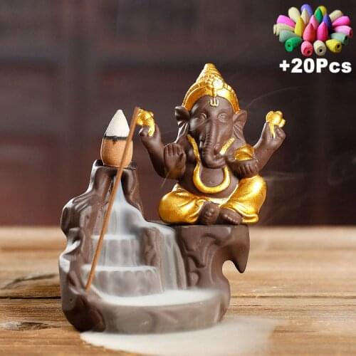 Ganesha Backflow Incense Burner Elephant God Emblem Auspicious And Success Ceramic Cone Censer Home Decor Incense Stick Holder