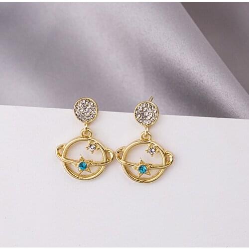 Korean Shiny Rhinestones Fairy Planet Drop Earrings for Women Femme Gold Color Big Hollow Statement Earrings Wedding Jewelry