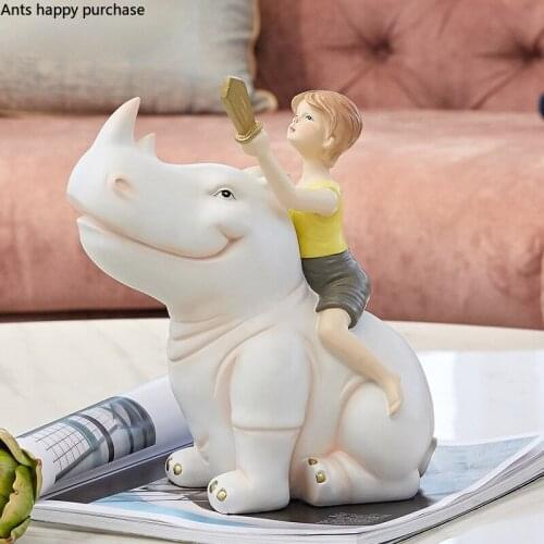 Creative Resin Cute Kids Rhino Sculpture Crafts Childrens Room Decoration Cartoon Characters Animal Figurines Home Decoration