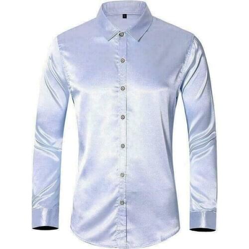 Fashion Mens Long Sleeve Silk Satin Glossy Shirt Button Front Plain Casual Size
