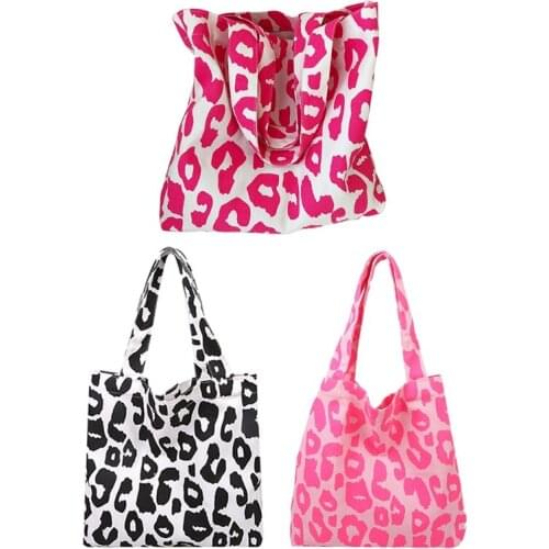 Fashion Women Canvas Clutch Bags Pink Leopard Handbag Travel Satchel Casual Tote Top-Handle Large Capacity Shoulder Bag
