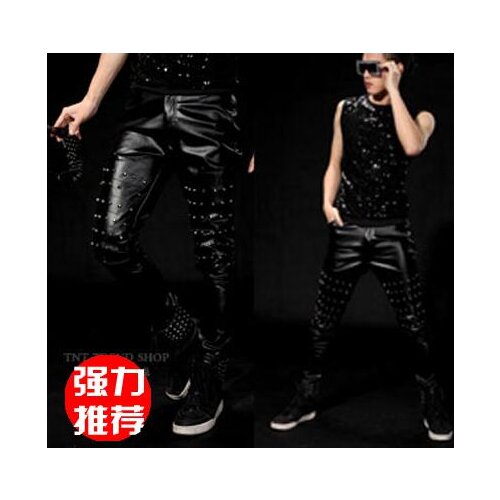 Mens pants stage personality Punk rivet pant men trousers singer dance rock fashion pantalon homme street star style novelty