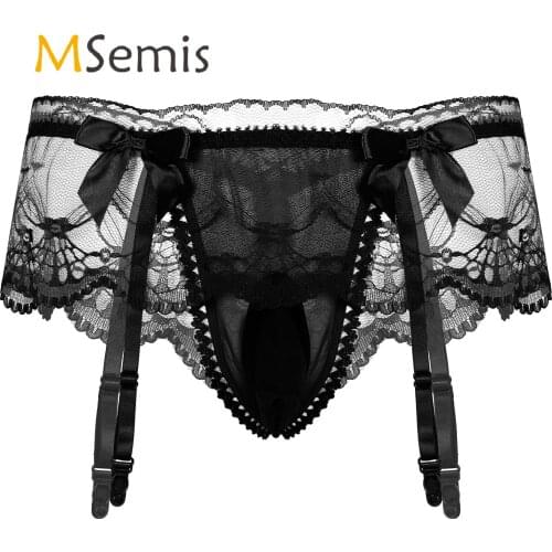Mens Sexy Lingerie Sissy Panties T-back Bulge Pouch Brieft with Small Bowknot Male Lace Underwear Underpants