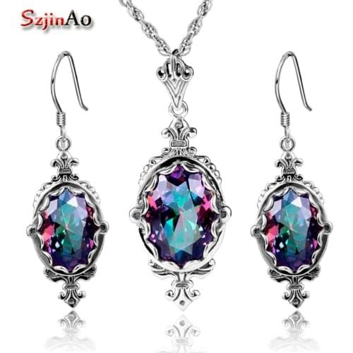 Szjinao Dubai Jewelry Sets Vintage 925 Sterling Silver Jewelry Wedding Decoration Rainbow Big Topaz Earrings Necklace Jewelry