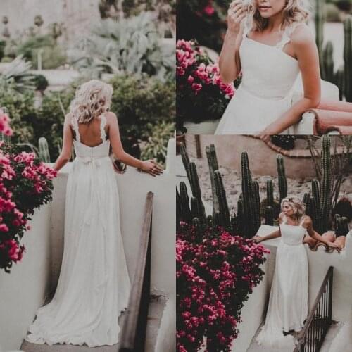 2021 New Style Beach Wedding Dresses Bridal Gowns Spaghetti Straps Floor Length Sexy Backless With Sashes Chiffon For Wedding