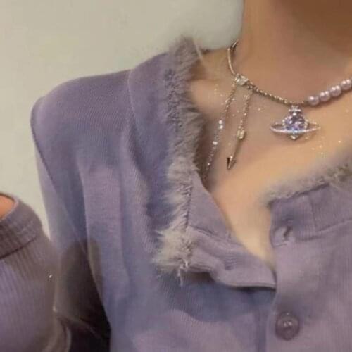 New Y2k Creative Crystal Saturn Chokers Necklaces for Women Gift Trendy Neck Jewelry Exquisite Vintage Pearl Chains Necklace 90s