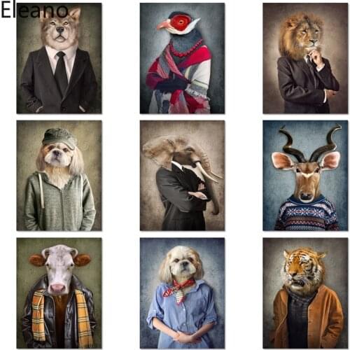Animal Poster In Suit Dog Lion Elephant Painting Canvas Print Abstract Art Vintage Room Decor Wall Paintings Modern Art Picture