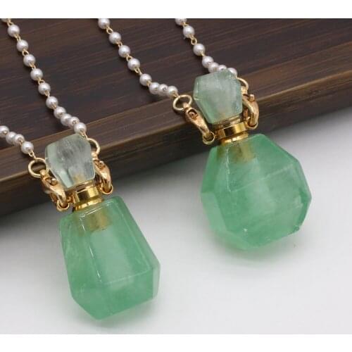 Natural Stone Essential Oil Diffuser Perfume Bottle Plus Glass Pearl Chain Green Aventurines Pendant for Necklace Jewelry Making