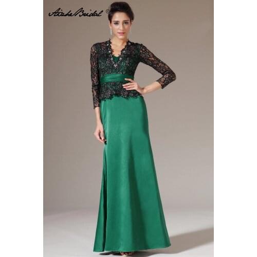 Real Photos 2018 new plus size V Neck Black Lace Green Satin formal Mother of the Bride Dresses