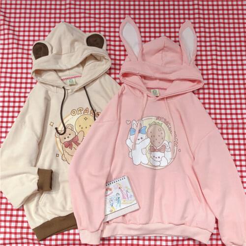 HOUZHOU Bunny Hoodie Kawaii Soft Girl Harajuku Japanese Cute Rabbit Ears Pullovers Pink Top Cartoon Oversized Sweatshirt Women