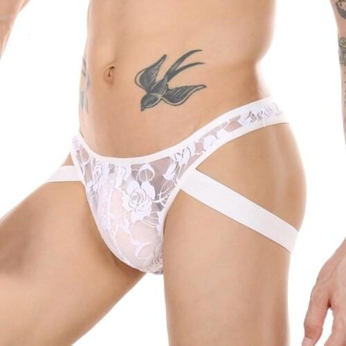 Sexy Men Transparent Lace Briefs Sexy Gay Sissy Penis Pouch Underwear Jockstrap Men Buttocks Hollow Thong Male Bikini Short Pant