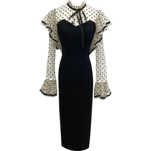 PERHAPS U Vintage Black Mesh Patchwork Dress Bow Collar Zipper Long Flare Sleeve Knee Length Evening Party Dresses D2234