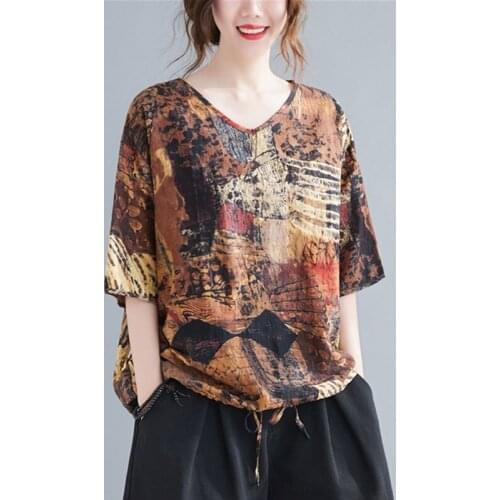Womens Cotton Linen Tops Casual Vintage Abstract Print T-shirt New 2021 Summer Style V-neck Loose Comfortable Tees Shirts O-Neck