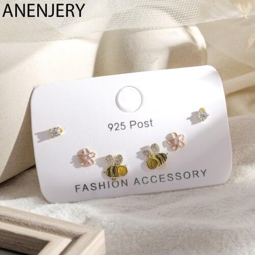 ANENJERY Lovely Silver Color Zircon Bee Flower Dot Stud Earrings For Women Friend Gift 6-piece Earrings Set S-E1226