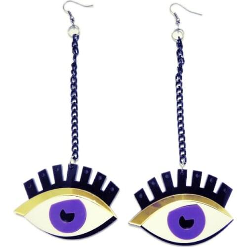 Female Hyperbole Big Purple Eye Long Eyelash Acrylic Chain Drop Earrings For Women Trendy Funny Stage Show Party Earring E19086