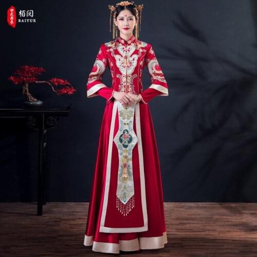Women Floral Embroidery Mandarin Collar Costume Chinese Wedding Dress Bride Vintage Long Cheongsam китайская одежда