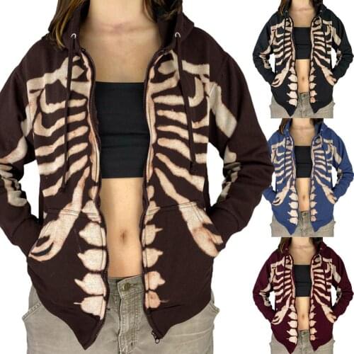 Womens sweater coat new Halloween skull print long-sleeved hoodie zipper cardigan jacket