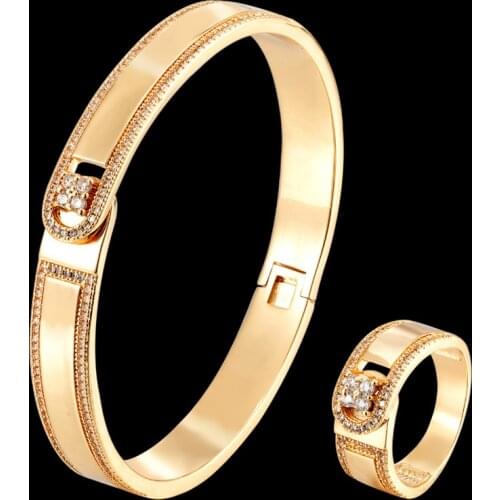 Zlxgirl jewelry AAA cubic zircon copper bangle with ring wedding jewelry sets high quality women bridal bracelet witn ring bijou