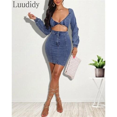 Women Hollow V-Neck Long Sleeve Skinny Denim Dress