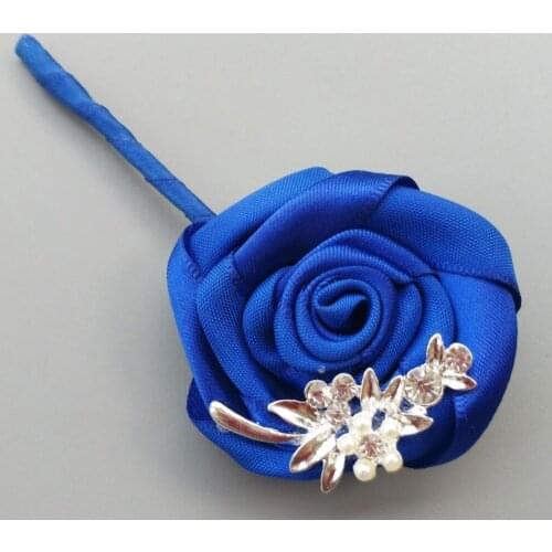 7pcs/lot Royal Blue Simulation Rose Rhinestone Brooch Groom Best Man Wedding Bouquet Ribbon Silk Corsage Boutonniere XH4965-A