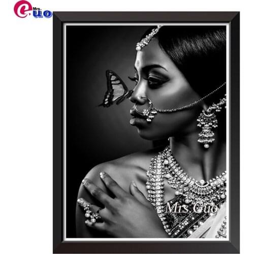 Black And White Jewellery Indian Women With Butterfly 5D Diy Diamond Painting Cross Stitch Diamond Mosaic Embroidery Painting