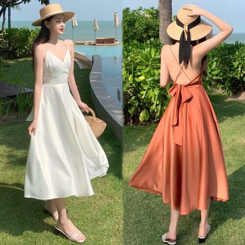 Long White Women Slip Dress Summer 2021 Elegant Vacation Party Night Vestidos Boho Strap Dresses Backless Korean Beach Sundress