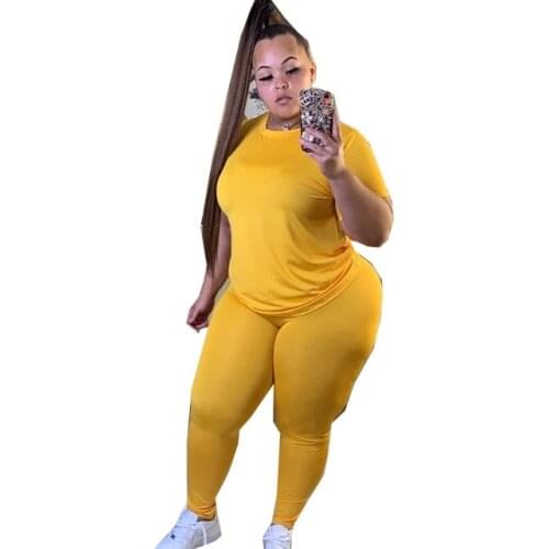 Summer short sleeve t shirt+pencil pant plus size women clothing two piece set wholesale items Pink yellow green blue black sets