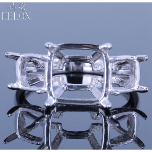 HELON Cushion 10x10mm & 6x6mm Solid 10K White Gold Pave Natural Diamonds Semi Mount Engagement Wedding Ring Trendy Fine Jewelry
